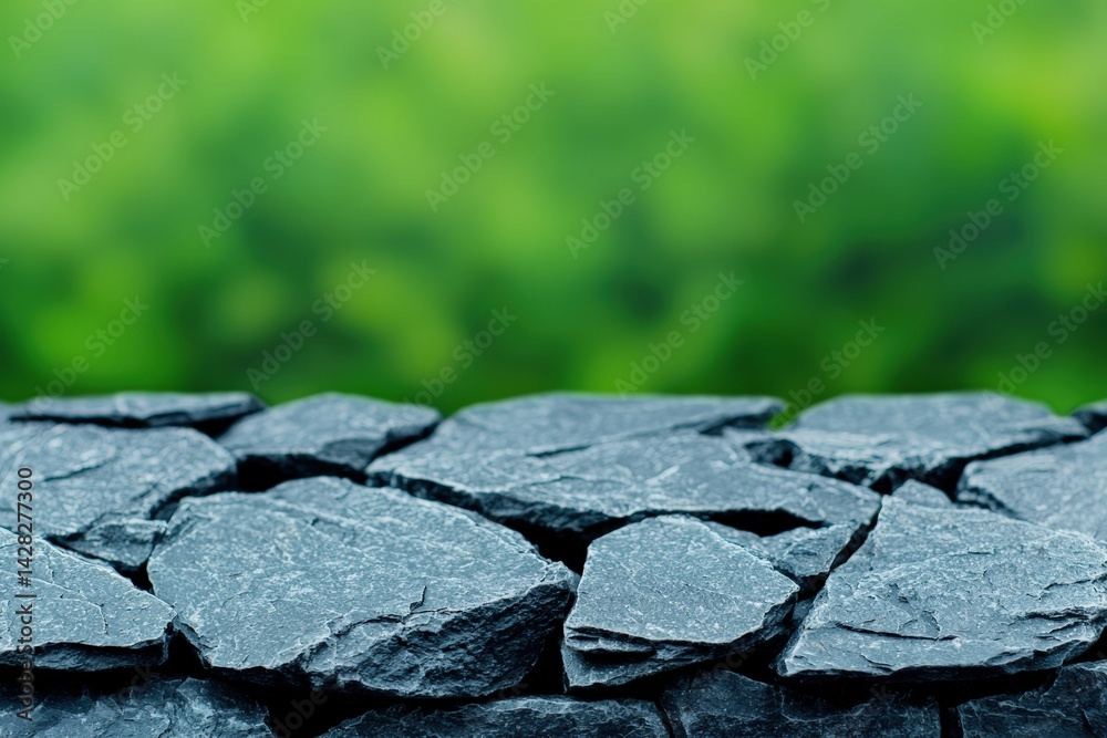 Poster stone surface exhibiting rough texture in front of blurred green jungle backdrop
