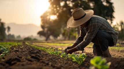 Morning Fieldwork: A Dedicated Farmer Planting Crops at Sunrise in a Lush Agricultural Landscape