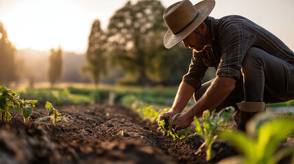 Sunrise Planting: A Farmer Carefully Tending to Young Crops in a Vibrant Agricultural Field