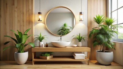 Minimalist Modern Bathroom Design: Round Sink, Wooden Vanity, Plants