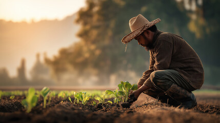 Dedicated Farmer Planting Seedlings at Sunrise in a Peaceful and Fertile Agricultural Landscape