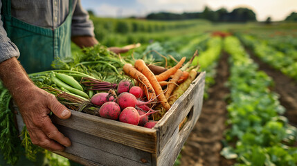 Fresh Organic Vegetables Harvested by Hand from a Sustainable Farm in Lush Green Fields
