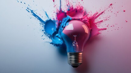 Lampadina con schizzi di vernice rosa e blu, che rappresenta un'ondata di ispirazione creativa e idee innovative