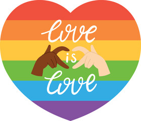 Black and White Hands Forming Heart Shape on Rainbow Heart Background with “Love Is Love” Lettering. LGBTQ Pride Symbol Celebrating Love, Inclusion, and Diversity. Illustration for Pride Month