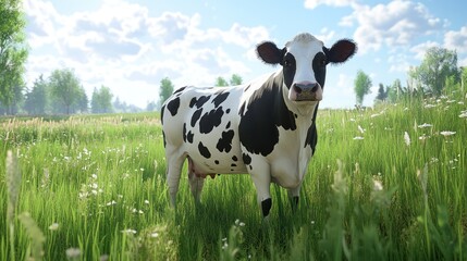 Cow Grazing Freely in a Green Field Under Sunny Sky. Healthy and Farm Fresh