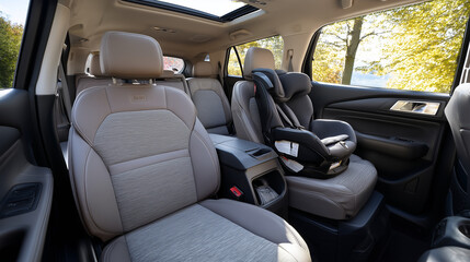 Interior of an elegant family car with a focus on the backseat. A child&rsquo;s car seat is securely installed, surrounded by durable fabric, cup holders, storage pouches, and bright natural light.