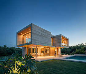 Outdoor shot of a modern concrete and wood home at the evening