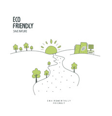 Vector hand drawn cartoon sketch of field with green trees and eco factory with solar panels as a alternative energy resourse.Environmentally friendly planet concept. 