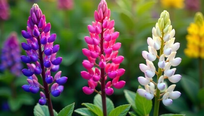 Obraz premium Trio of vibrant lupine flowers in purple, pink, and white hues, isolated, lupine