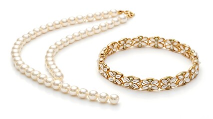 Obraz premium Pearl necklace and gold bracelet with floral pattern on white background. Jewelry display. Elegant accessories and luxury product mockup. Design for banner, card, print, invitation