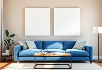 Two blank canvases above a blue sofa in a minimalist beige living room, minimalist, design