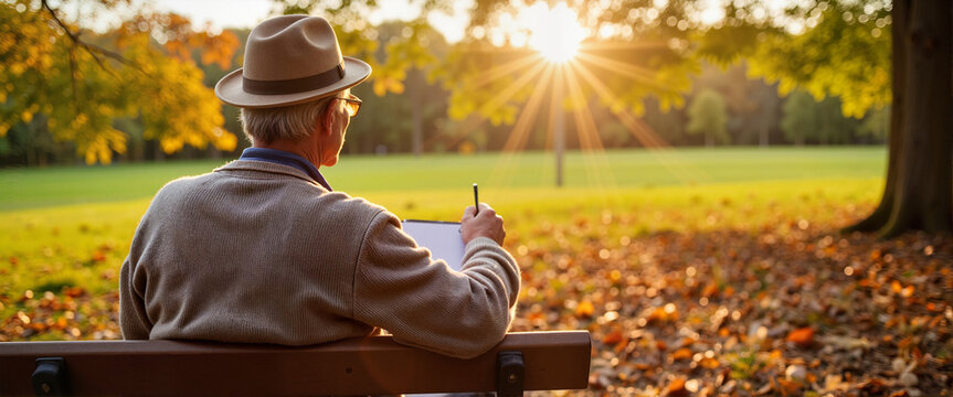 Elderly man writing notes in a peaceful park at golden hour, reflection