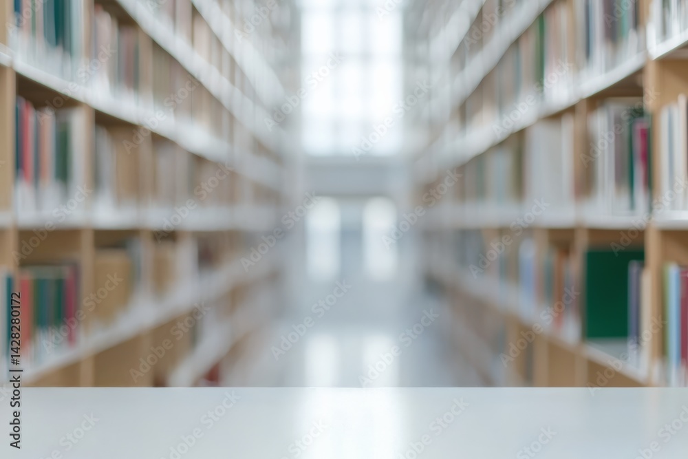 Poster empty desk highlighting blurred university library background for academic products