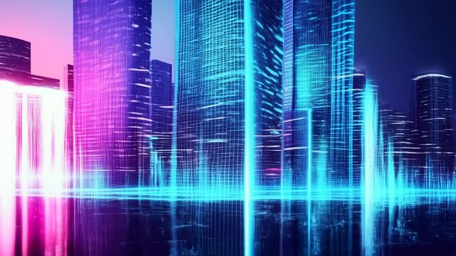 Holographic data lines animate across futuristic city skyline at sunset. Digital city with network effect and moving skyscrapers visualization video. Technology and future concept motion footage.