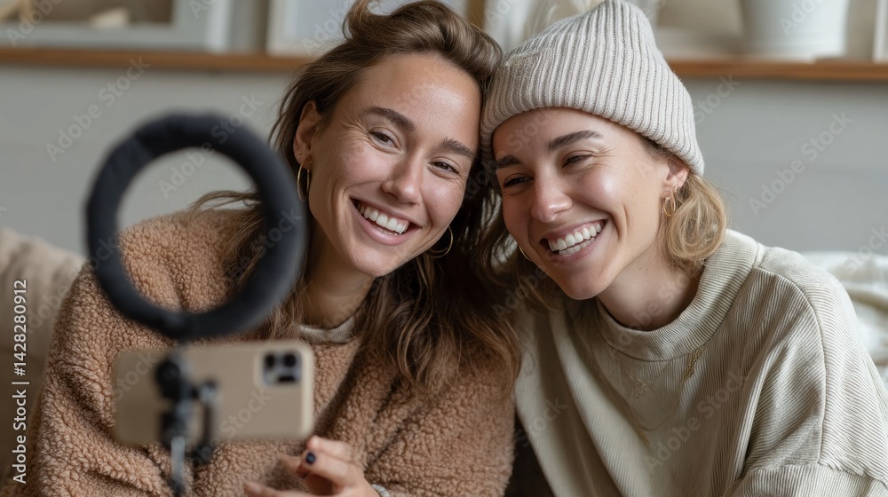 Aufkleber two friends are smiling brightly while connecting virtually in a warm, eco-conscious living room. th