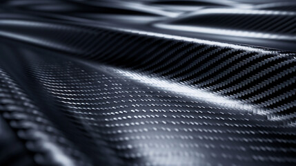 Close-up perspective view of wavy dark carbon fiber material. Woven texture background suggesting strength, flexibility, high-tech composite, automotive part.
