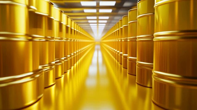 Endless rows of yellow oil barrels in a warehouse. Industrial animation of oil drums stretching into the distance for concepts like energy production and storage.
