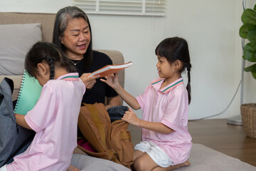 Family and Learning. A grandmother sharing a book with two young girls.