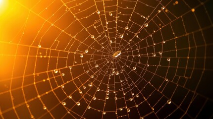 Fototapeta premium Spiderweb covered in dew drops, glistening in the morning light against a dark background. Detailed symmetrical web design.