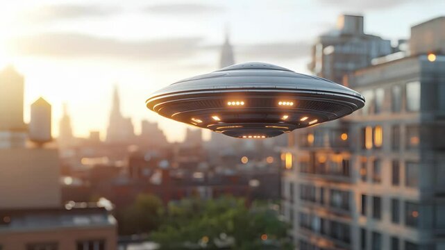 UFO saucer flying over modern city skyline at sunrise. Unidentified flying object aircraft above city buildings at dawn aerial view. Extraterrestrial invasion concept, futuristic technology sci fi ide