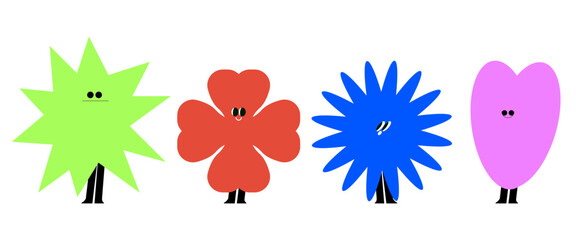 Geometric shape characters with cute face, emotion. Funny comic geometry figures for childish preschool. Rectangle, star, circle elements with eyes set. Isolated flat graphic vector illustration.