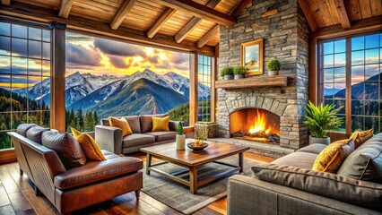 Fototapeta premium Mountain Retreat Living Room: Cozy Fireplace, Rustic Decor, Panoramic View