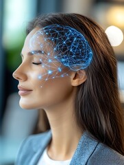 Woman with Brain, Neural Network, and Office.