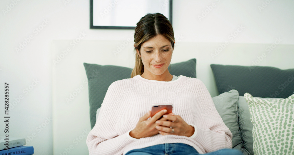 Poster woman, texting and happy with phone on sofa, chat and check notification in living room at in home. 