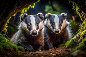 Night Forest Badger Cave Portrait Photography - Wildlife Photography, Nocturnal Animals, Badger Pictures