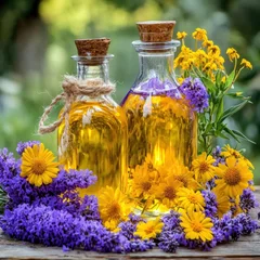 A beautiful arrangement of a bottle of essential oil surrounded by vibrant fresh flowers
