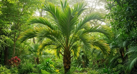 Fototapeta premium Lush tropical garden setting featuring comfortable rattan furniture and clean white stone paths winding through dense green foliage. Relaxing outdoor oasis.
