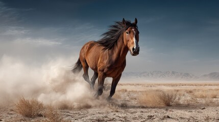 Obraz premium Majestic brown horse galloping across a dusty plain.