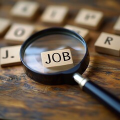 Blocco di legno con la parola "job" e lente d'ingrandimento per esprimere il concetti di ricerca di personale