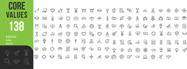Collection Of Modern Thin Line Style Icons Set Of Core Values Beliefs Related Work, Community And More. Pictograms And Infographics For Mobile Apps Vector Illustration On Isolated White Background