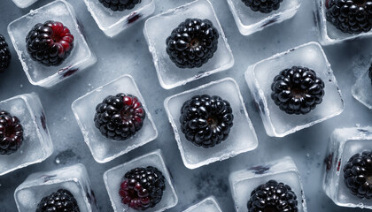 Fresh blackberries encased in square ice cubes on frosty surface, perfect for drink garnish, food art, summer refreshment, and minimal culinary visuals