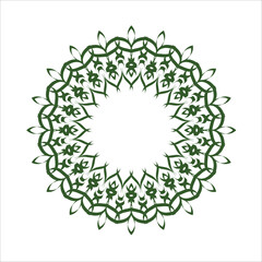 An intricately designed green mandala with repeating floral patterns set against a white background, ideal for decoration, design, and artistic concepts.