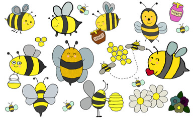 collections of Illustrations Cute Cartoon Bees With Honeycombs and Flowers isolated on white