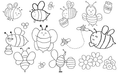 outline collections of Illustrations Cute Cartoon Bees With Honeycombs and Flowers isolated on white