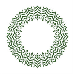 An intricately designed green mandala with repeating floral patterns set against a white background, ideal for decoration, design, and artistic concepts.