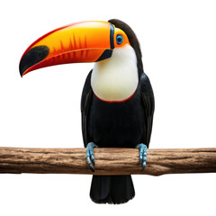 Obraz premium A colorful toucan perched on a branch, showcasing its vibrant beak and striking plumage.