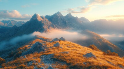 Fototapeta premium Majestic mountain landscape at sunset with golden grass and misty valleys creating a serene and breathtaking view