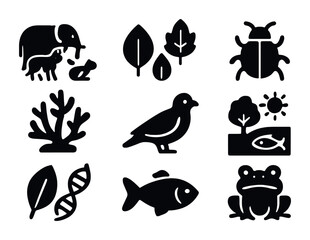 Fototapeta premium Wildlife conservation solid icons set – silhouette nature, ecology, and biodiversity symbols for environmental awareness: elephant, leaves, beetle, coral, bird, dna, fish, frog.