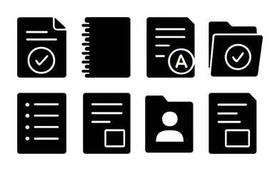 Obraz premium Document management silhouette icons set – solid style for efficient office workflow, data organization, and digital file handling: checklist, notebook, text file, folder, user profile, document.