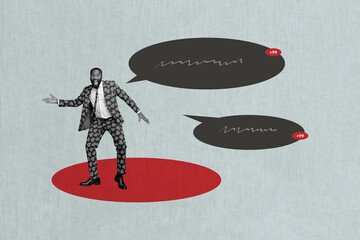 Poster picture collage of person moving speaking text box on grey background