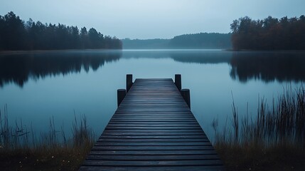 Fototapeta premium Pier Leading to Calm Lake on Misty Morning for Serene Landscape