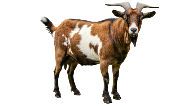 Boer goat lying down comfortably and relaxing. Isolated on a transparent background (PNG). Calm resting livestock farm animal.