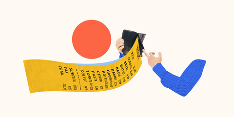 Contemporary art collage. Man in blue shirt holds empty wallet with huge receipt flowing out, symbolizing inflation and financial pressure. Concept of business, economic crisis, cost of living.