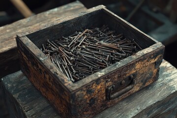Wooden box filled with metal fasteners