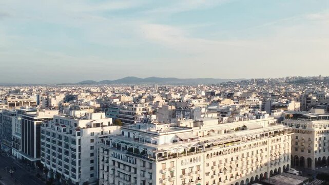 Drone shot of Thessaloniki, Aristotelous square, with no people at morning time.
