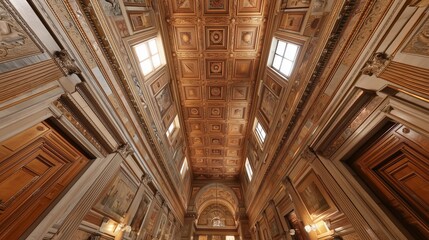 Obraz premium Abstract photorealistic detail of Santa Maria Maggiore's famous gilded coffered ceiling in Rome. Luxurious gold texture and geometric patterns for backgrounds or design focus.